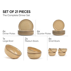 Ceramic Dinner Set Of 21 Pcs, Beige Reactive | Crockery Set, Dining Sets Crockery Items - 6 Dinner Plates+ 6 Quarter Plates+ 6 Veg Bowls, 180ml Each+ 2 Medium Bowls, 1000ml Each+ 1 Large Bowl, 1500ml