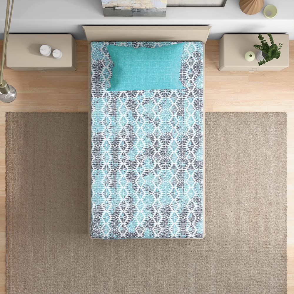 Cotton Elastic Fitted Single Bedsheet With 1 Pillow Cover | 72 X 36 Inches, Sky Blue & Black - Breathable & Durable, Soft & Perfect For All Seasons
