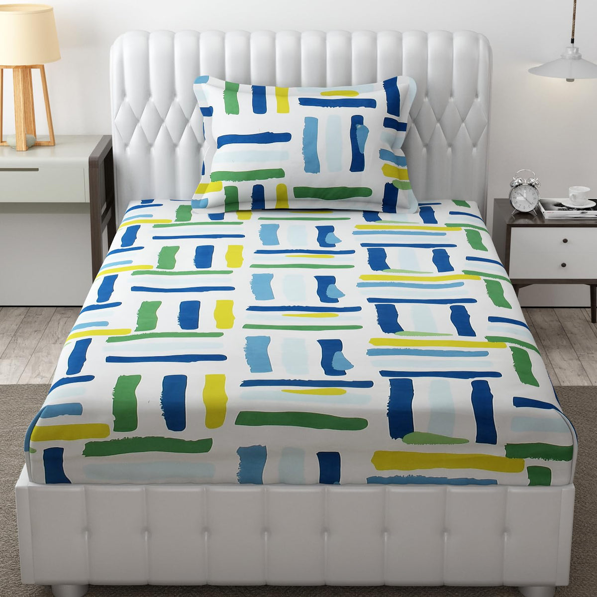 Microfiber Single Bedsheet Set With 1 Pillow Covers (60 X 90 Inches) White & Blue | Durable & Long-Lasting | 144 Thread Count | Wrinkle Free