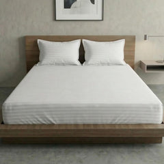 White Stripe Elastic Fitted Double Bedsheet (72x78 Inches) With 2 Pillow Covers | Soft To Touch & Comfortable | 300 Thread Count