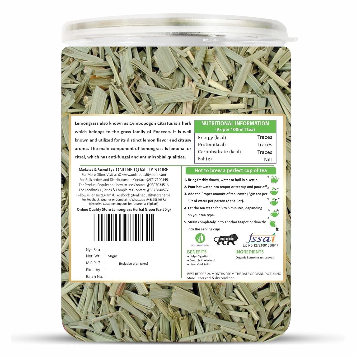 Online Quality Store Lemongrass Herbal Green Tea - 50gm, 1.7 Ounce | Reduces Anxiety, Improves Immunity - Organic Pure Dried Leaves | Caffeine Free