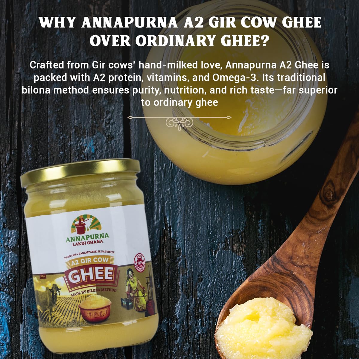 Pure A2 Desi Ghee By Annapurna Lakdi Ghana | High In Protein Fiber & Nutrients Healthy Desi Ghee Good For Parathe | (500ml) 16.9 Ounce | Jar Pack