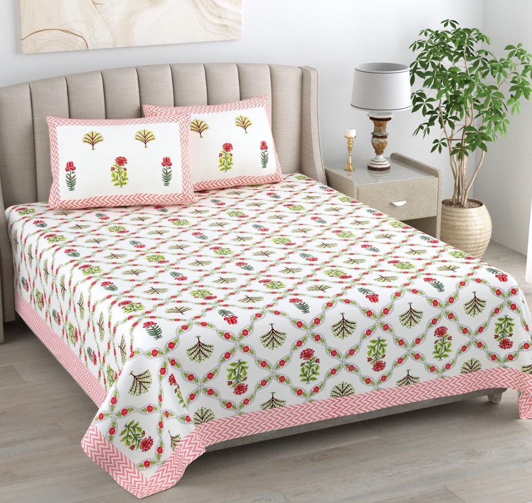 Hand Printed Cotton Bedsheet For King Size With 2 Pillow Covers | 93 X 108 Inches, Pink & Green | Ultra-Soft & Skin-Safe | Breathable Summer Comfort