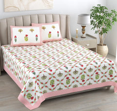 Hand Printed Cotton Bedsheet For King Size With 2 Pillow Covers | 93 X 108 Inches, Pink & Green | Ultra-Soft & Skin-Safe | Breathable Summer Comfort