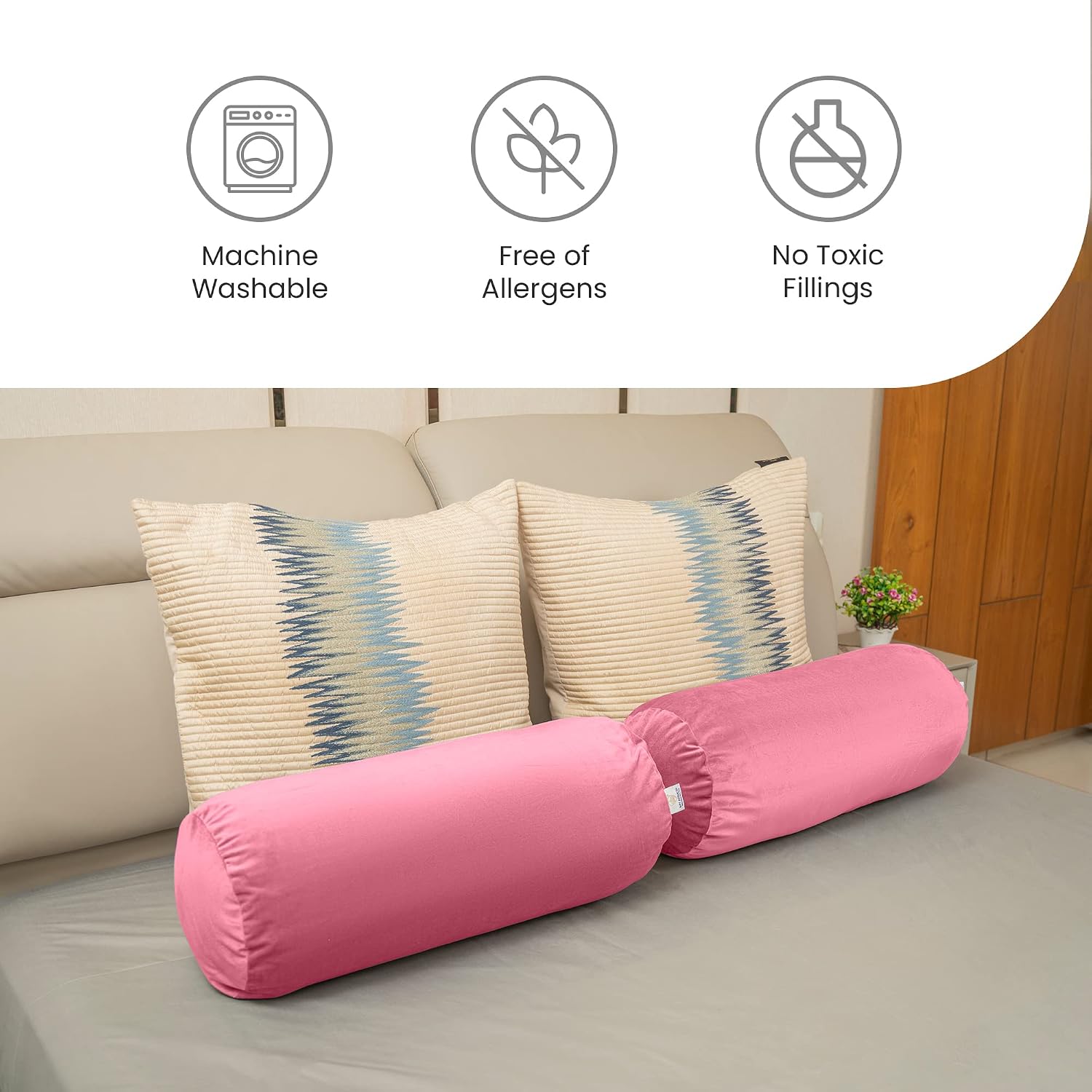 Microfiber Bolster Pillow For Bed & Sofa, Side, Diwan, Peach - 10 X 25 Inches | Round Side Pillow, Light, Soft & Fluffy For Neck & Back Support | Washable, Velvet Cover With Zip - 2 Piece