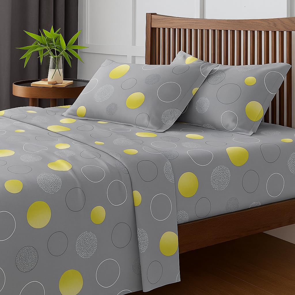 Printed Double Bed Bedsheet Set Includes 2 Pillow Covers - 90 X 100 Inches, Grey | Modern & Stylish Circle Print Bedsheet