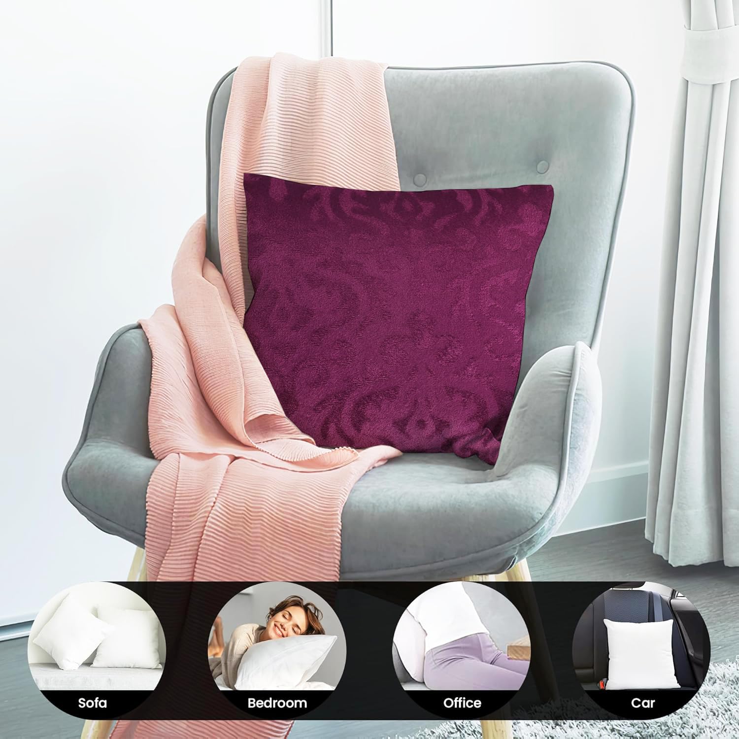 Microfiber Square Pillow Cushion For Sofa & Bed, Wine - 12 X 12 Inch | Soft, Fluffy For Comfort & Back Support | Breathable, Washable | Premium Velvet Outer Cover With Zip - Set Of 5