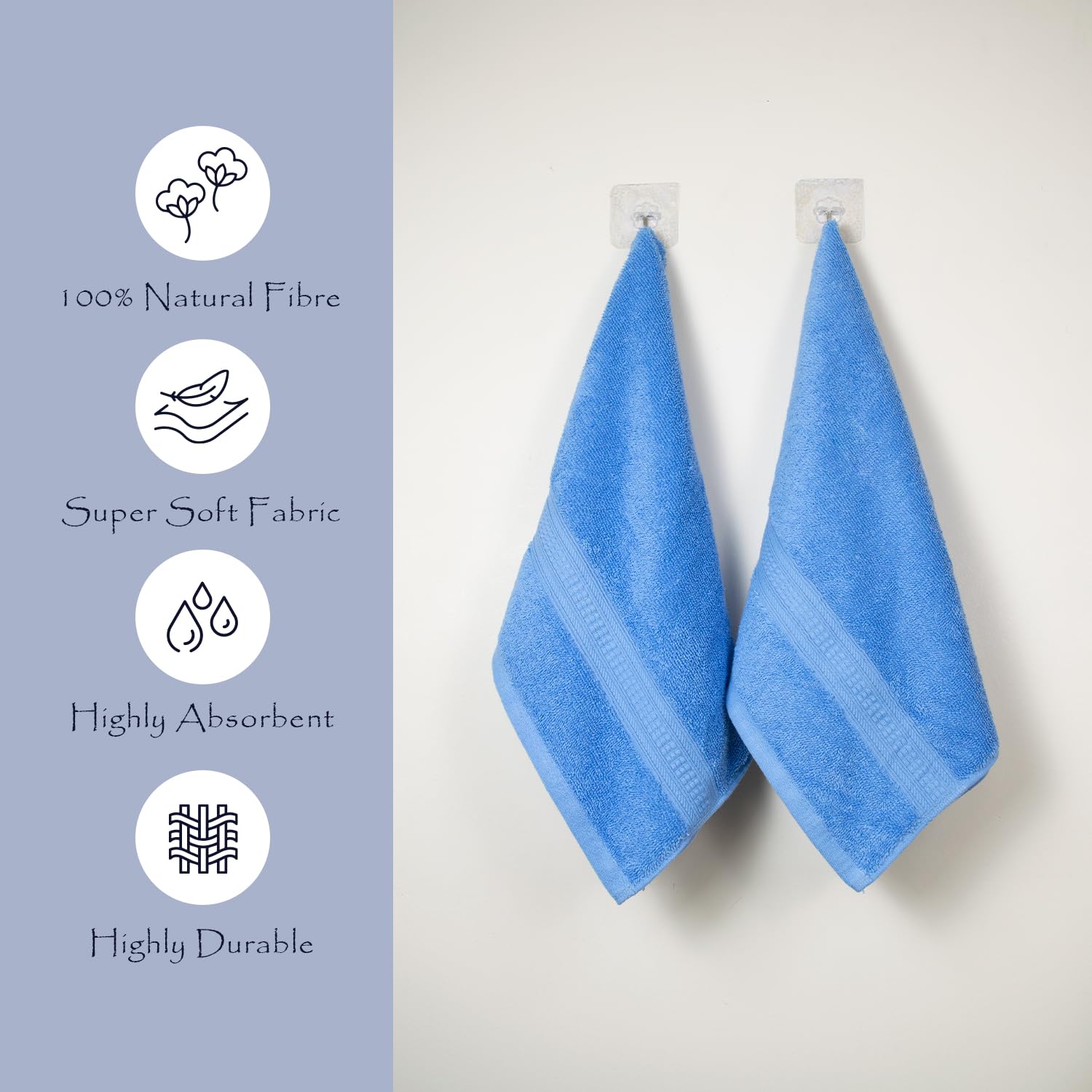 Rangoli 100% Cotton Fibre 2 Hand Towel 500 Gsm | Highly Durable & Super Absorbent Towel | Skin-Friendly & Quick Drying Luxury Towels (Sky Blue)