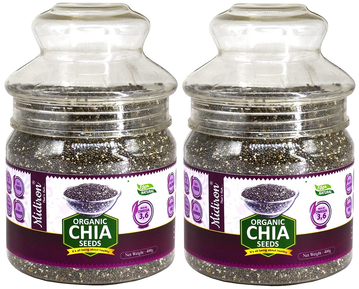 Midiron Chia Seeds With High Fiber & Protein Healthy Chia Seeds For Weight Loss, Unroasted Chia Seed Edible, Immunity Booster, Rich In Calcium | 400gm 0.8lbs Each Pack Of 2