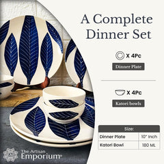 Patram Hand Painted Ceramic Dinner Set - 8 Pieces, White & Blue | 4 Dinner Plates + 4 Katori Bowls, 180ml Each Dinnerware Set | Serving For 4, Microwave Safe & Dishwasher Safe