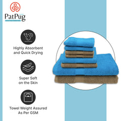 Patpug 100% Indian Cotton Plush Towel Set 2000 Gsm | Highly Absorbent, Fade Resistant, Quick Drying 2 Bath, 2 Hand & 4 Face Towel (Turquoise Blue & Sepial Brown) - 8 Piece