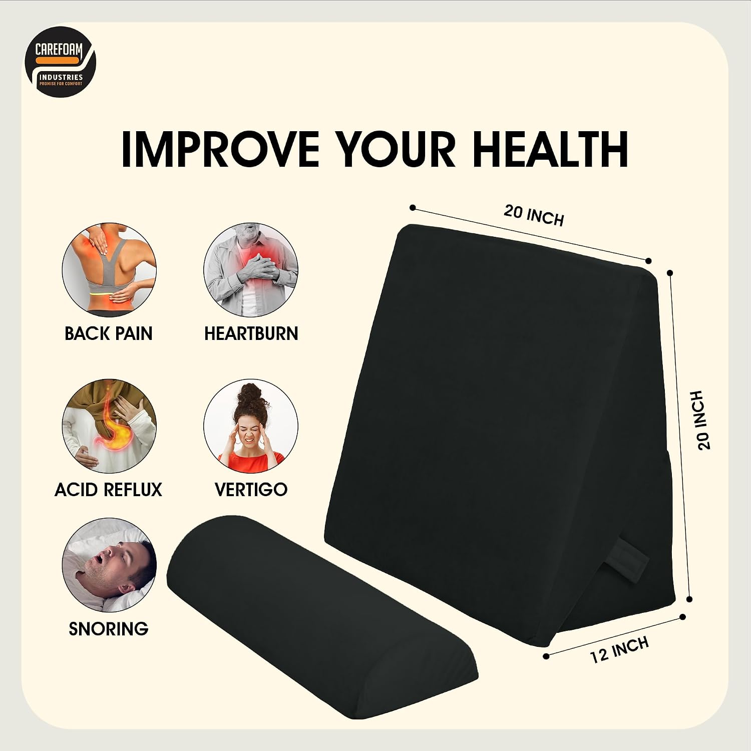 Wedge Pillow For Back Support, Adjustable Wedge Pillow With Headrest, Velvet Black - 22 X 22 X 12 Inch | Memory Foam Bed Wedge Pillow For Sleeping | Acid Reflux, Gerd, Snoring, Resting