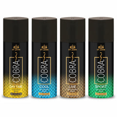 St. John Cobra Day Time, Cool, Live & Sports Deodorants Body Spray For Unisex 600ml 20.2 Fl.oz. Pack Of 4 | Perfect Gift Set