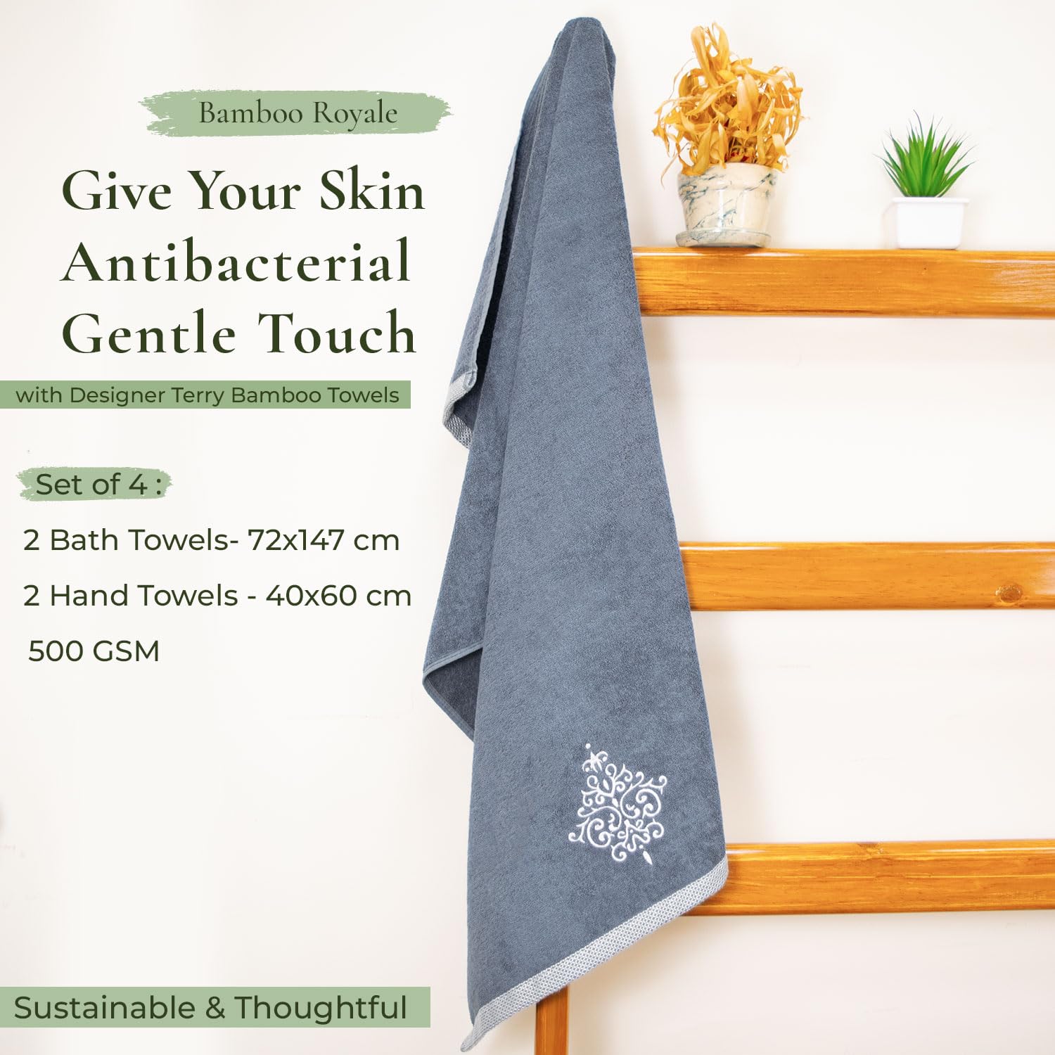 Rangoli 100% Bamboo 2 Bath & 2 Hand Towels 850 Gsm | Large Size Ultra Soft, Quick-Absorbent & Eco-Friendly Towels - Dark Grey