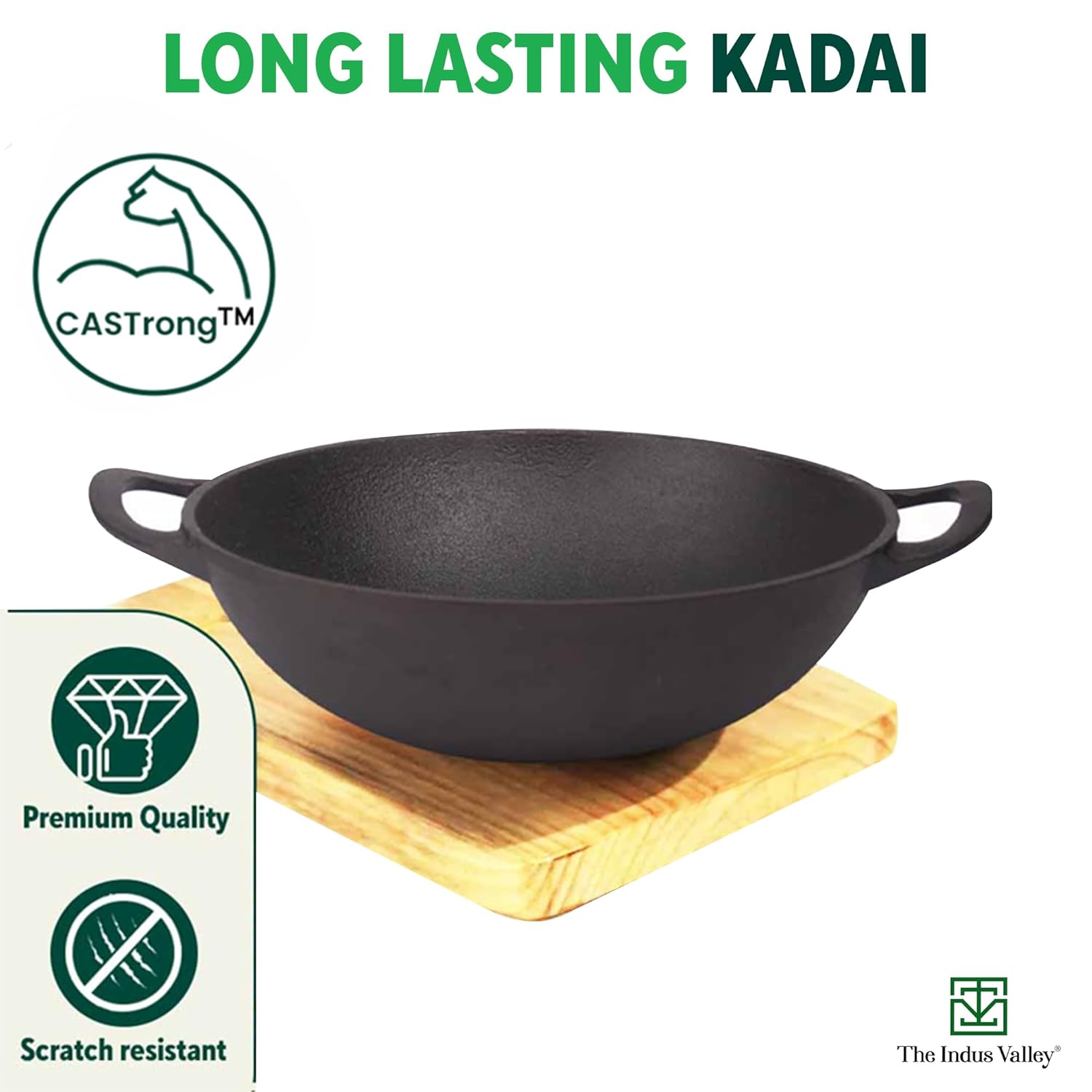 Pre-Seasoned Black Cast Iron Kadai With Flat Handles - Medium, 10.5 Inch, 27 Cm, 2.5 Liters, 2.5 Kg | Induction Friendly, Naturally Nonstick Kadhai, 100% Pure & Toxin-Free, No Chemical Coating