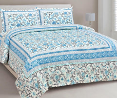 Hand Printed Cotton Bedsheet For King Size With 2 Pillow Covers | 90 X 108 Inches, White & Aqua | Ultra-Soft & Skin-Safe | Breathable Summer Comfort