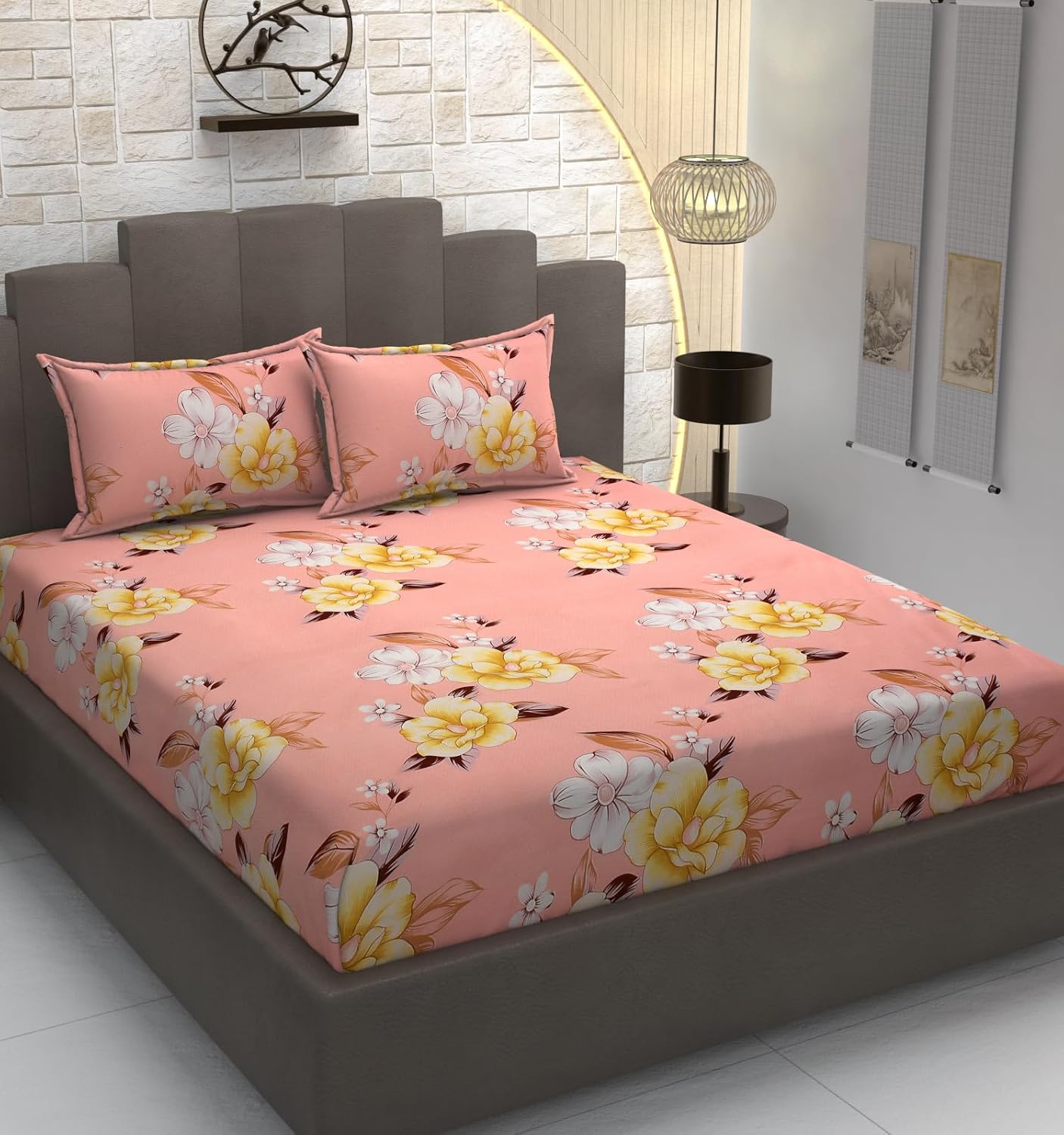 Cotton Elastic Fitted Bedsheets With 2 King Size Pillow Covers - 72 X 78 X 10 Inches, Baby Pink | Double Bed With All Around Elastic 350 Thread Count