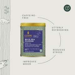 Luxmi Estates Blue Pea Flower Herbal Tea - 25gm Tin, 0.8 Ounce, 25 Cups | USDA Certified Organic Herbal Tea - Stress Buster & Mood Enhancer | Additives Free, Caffeine-Free Herbal Tea