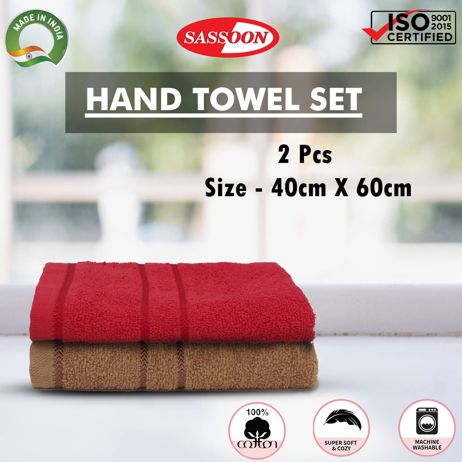 Sassoon Melrose 100% Cotton Hand Towel 400 Gsm | Highly Absorbent, Soft Material Perfect For Daily Use (Red & Brown) -2 Piece