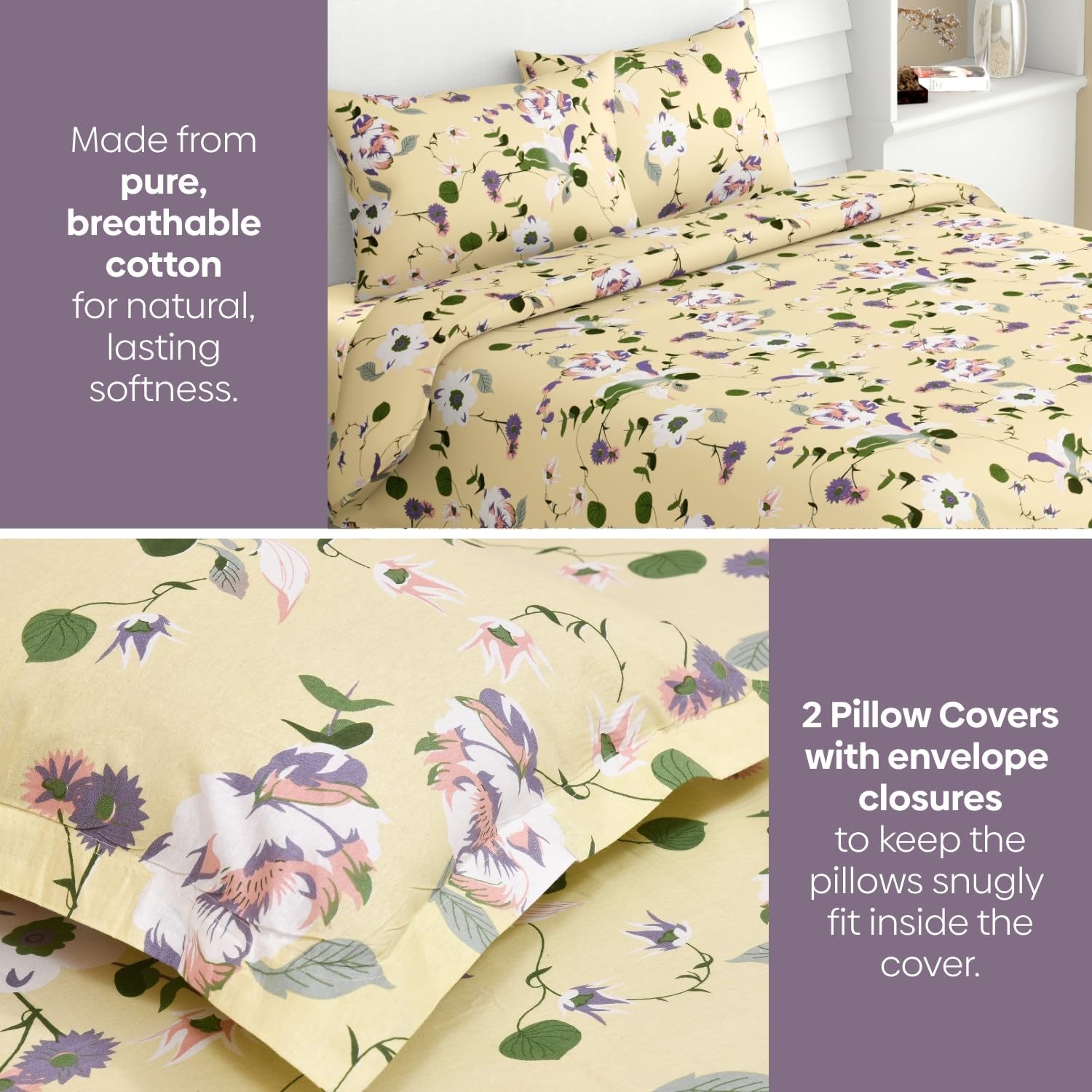 King Size Pure Cotton Floral Sheet With 2 Pillow Covers | 108 X 108 Inches, Yellow & Green | Perfect For Gifting On Weddings, Housewarmings, Or Anniversaries