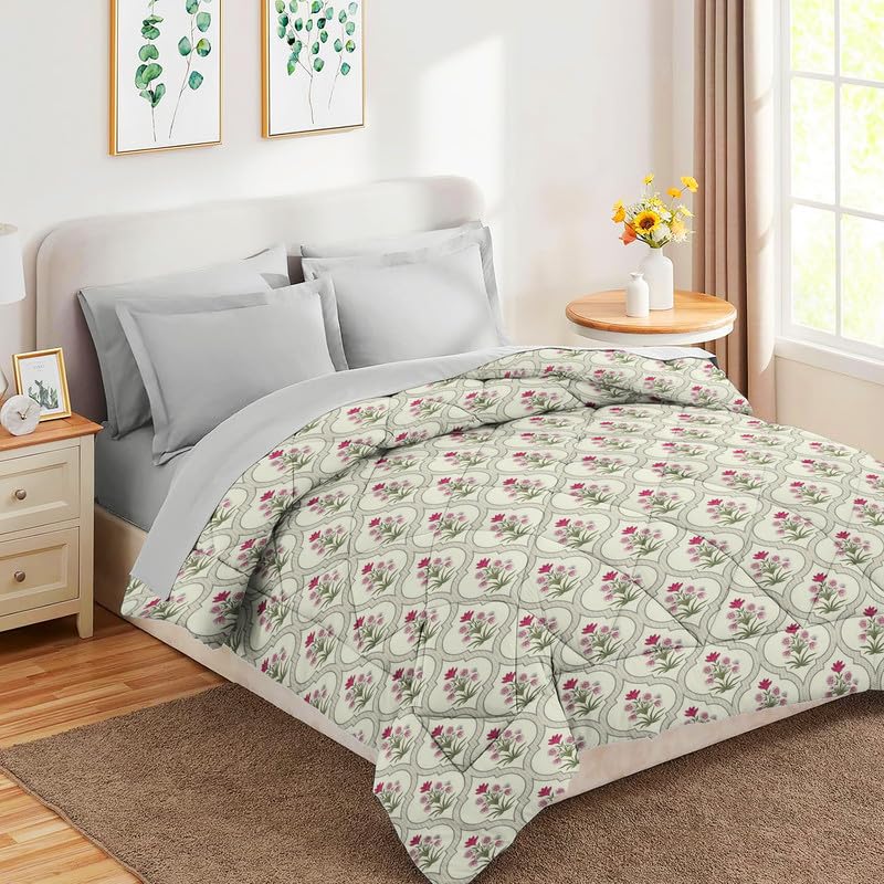 1 Double Bedsheet & 2 Pillow Covers With 1 Comforter Set - 90 X 100 Inches, Almond & Pink | Super Soft Glace Cotton King Size - 4 Pcs Bedding Set | Perfect Gifts Set Wedding, Anniversary
