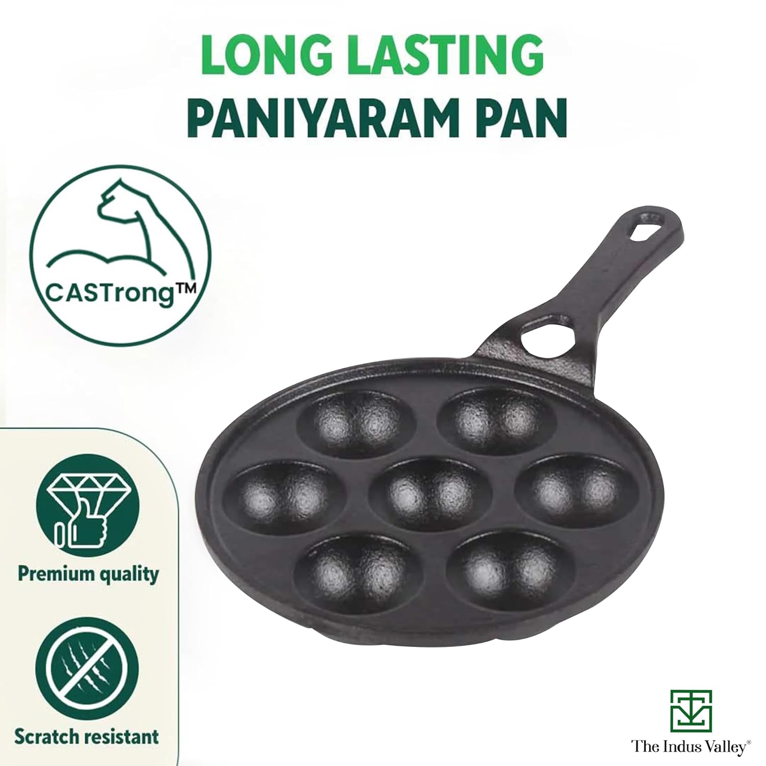 Super Smooth Black Cast Iron Paniyaram Pan With Long Handle & Glass Lid - 7 Pit, 21cm, 8.3 Inch, 1.9 Kg | Gas Compatible, Pre-Seasoned, 100% Toxin-Free, Naturally Nonstick