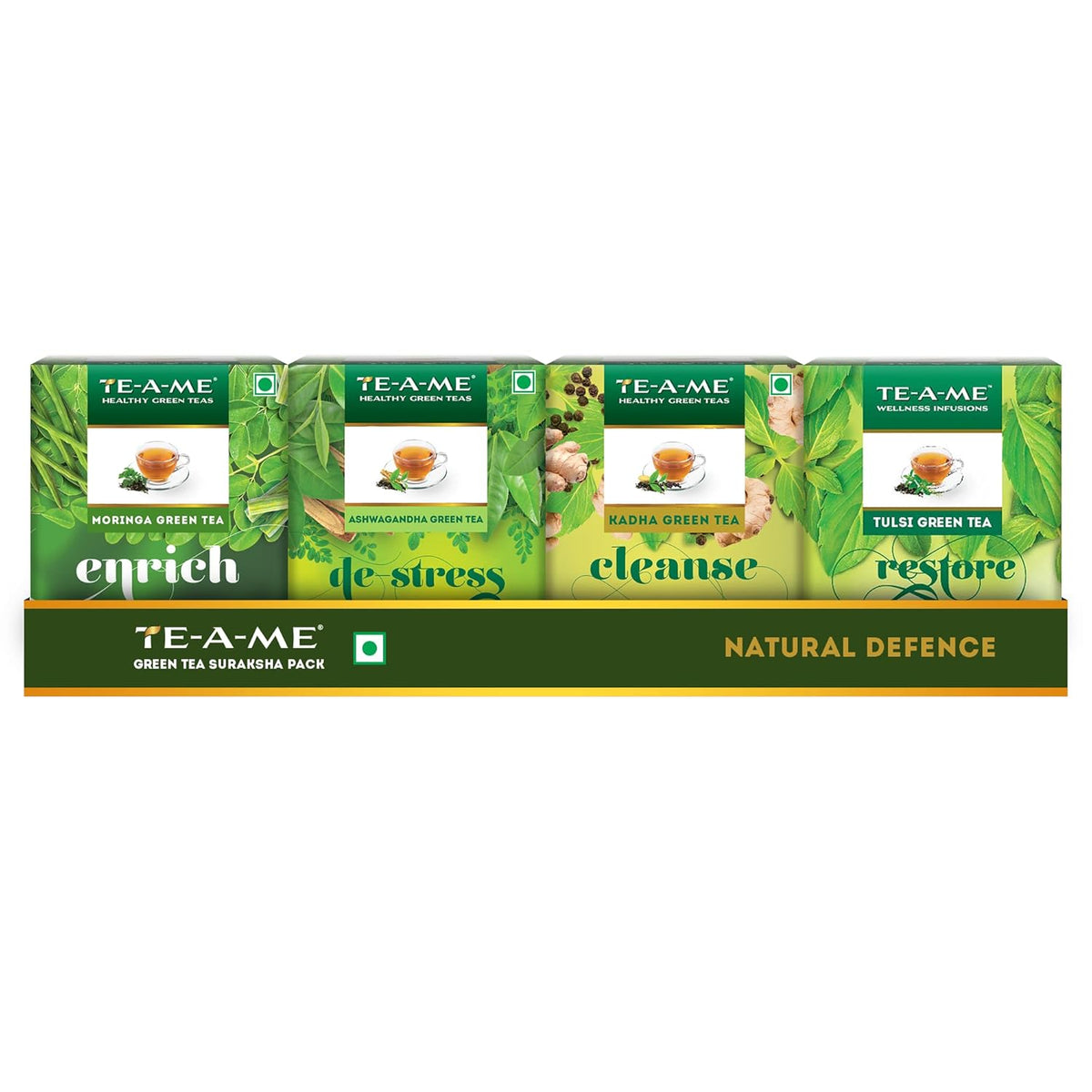 TE-A-ME Green Tea Suraksha Pack - 1 Box X 40 Tea Bags | Moringa+ Ashwagandha+ Kadha+ Tulsi Green Tea - Detox Green Tea & Slimming