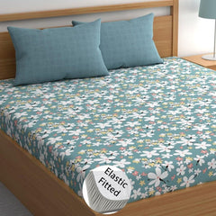 Double Bed Bedsheet With 2 Pillow Covers - 72 X 78 X 10 Inches, Sky Blue | Elastic Fitted Printed King Size Bedsheet | Soft, Breathable & Wrinkle-Free
