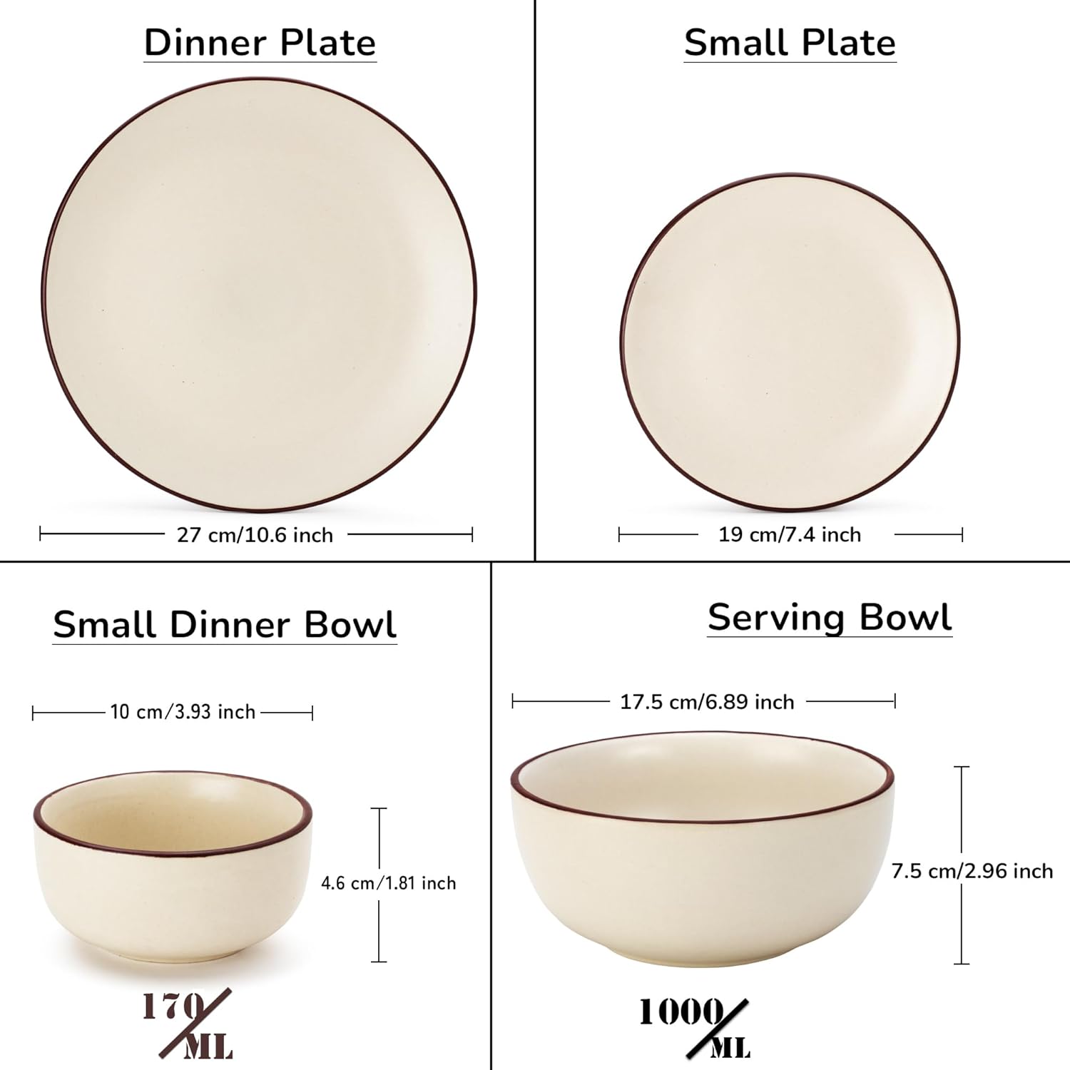 Handcrafted Ceramic Stoneware Dinner Set Of 14 Pieces With Serving Bowls Set - Off White | 4 Dinner Plates + 4 Small Plates + 4 Small Dinner Bowl, 170ml Each+ 2 Serving Bowl, 1000ml Each