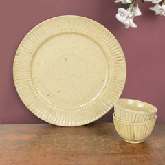 Ribbed Ceramic Dinner Serving Plate With 2 Dinner Bowls Set Of 3 - Ivory, Plate Diameter: 10 Inches - Dazzling Riviera