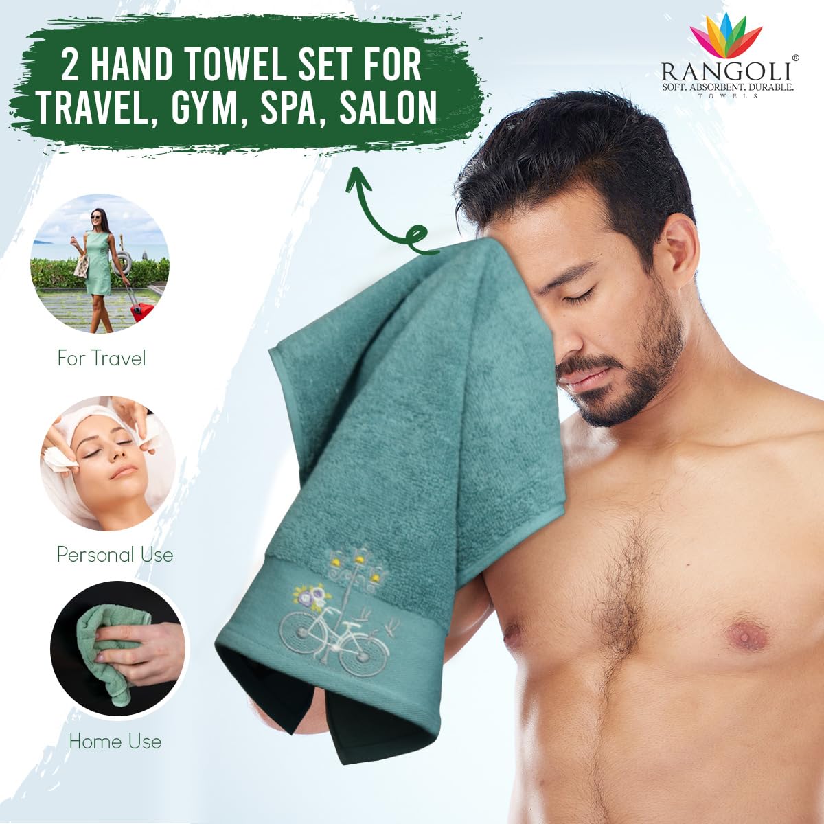 Rangoli 100% Cotton Martin Hand Towels 400 Gsm | Quick Dry, Ultra Soft, Highly Absorbent Printed Hand Towel For Men & Women Luxury & Highly Absorbent Towels - Turquise (Set Of 2)