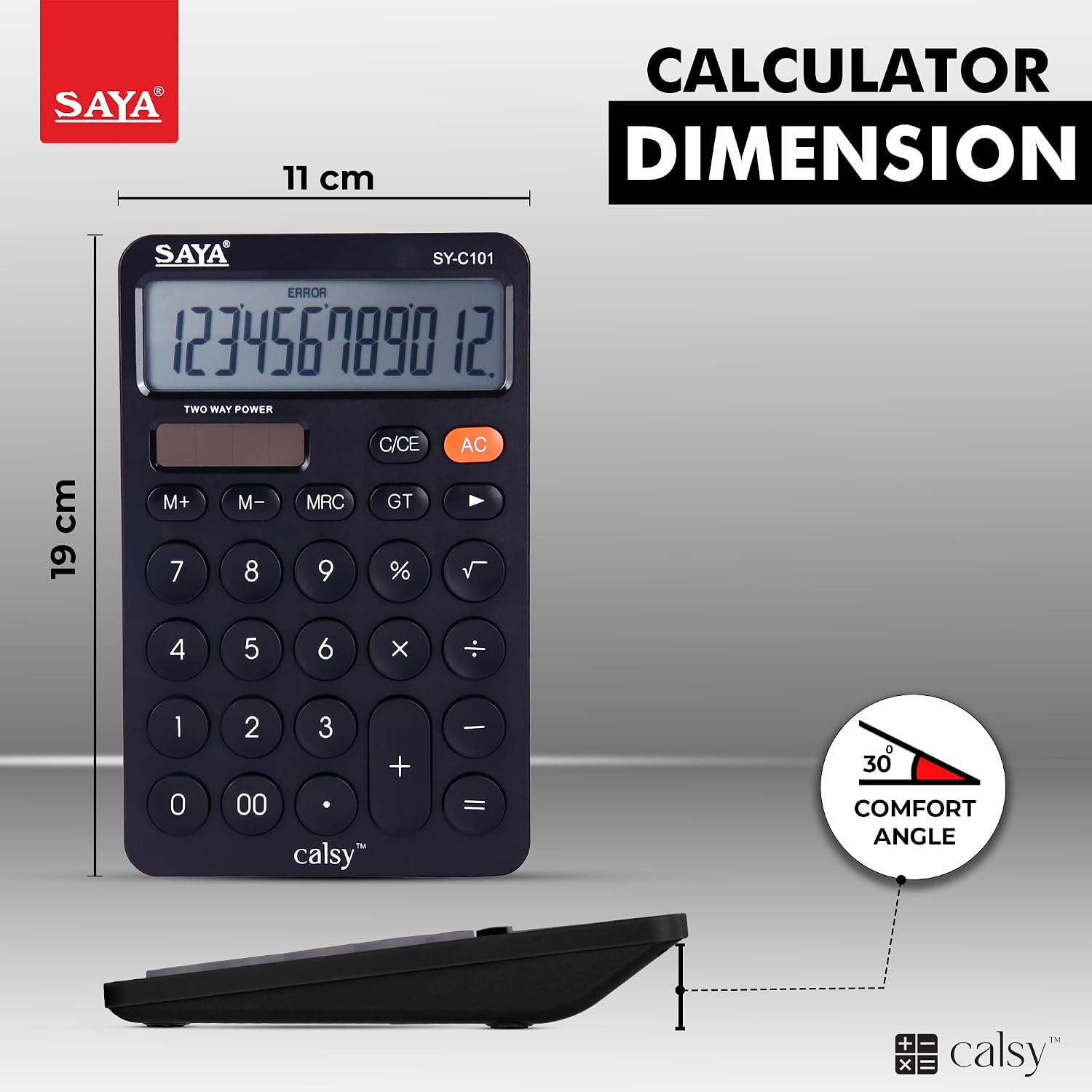 Saya 12-digit Desktop Calculator | Dual Power: Solar & Battery | Ergonomic Comfort Design | Large Display | Ideal For Office & School Use | 3-year Warranty | Reliable & Durable - Black.