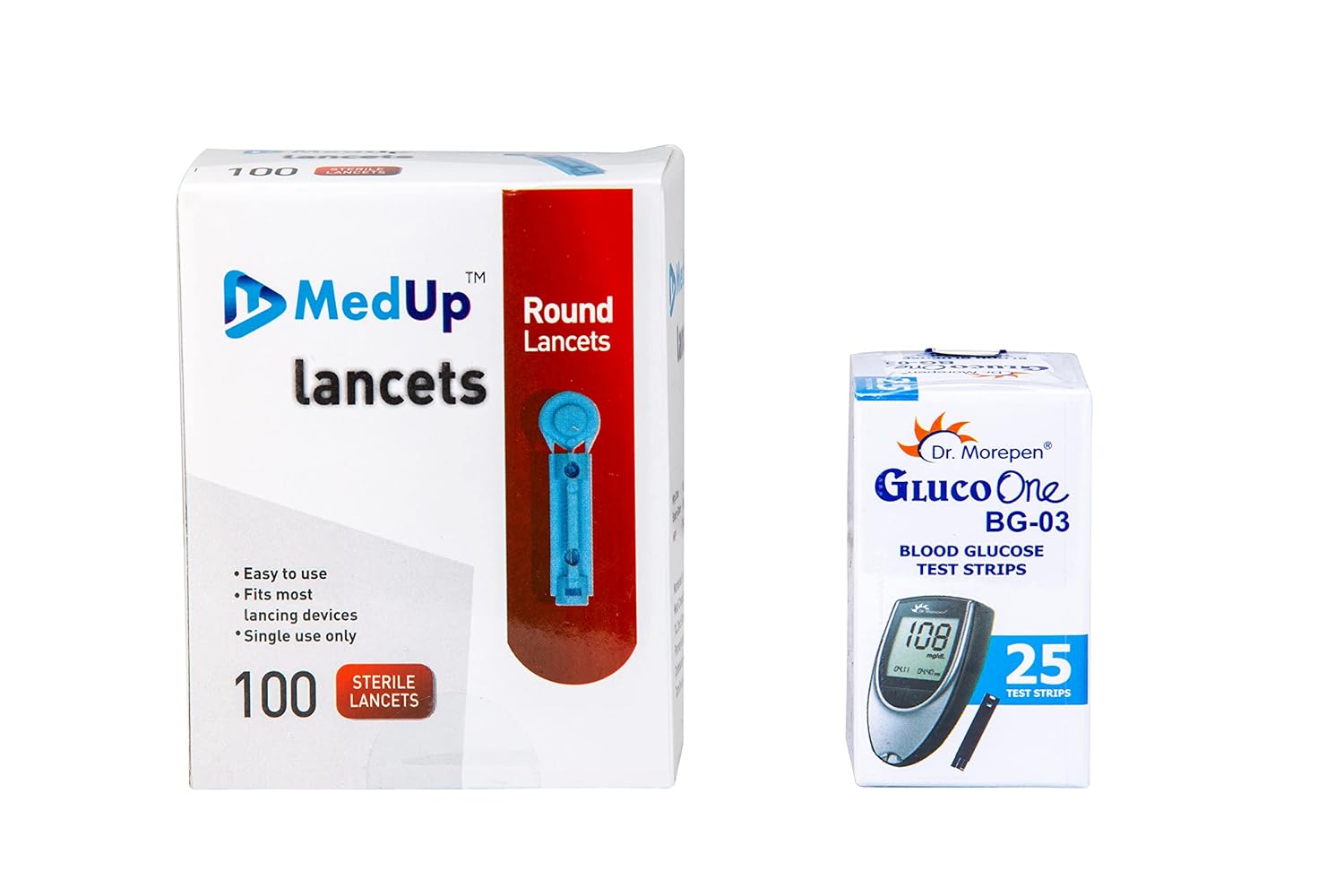 MedUp Round 100 Lancets With Dr. Morepen BG-03 25 Test Strips Combo (No Glucometer)