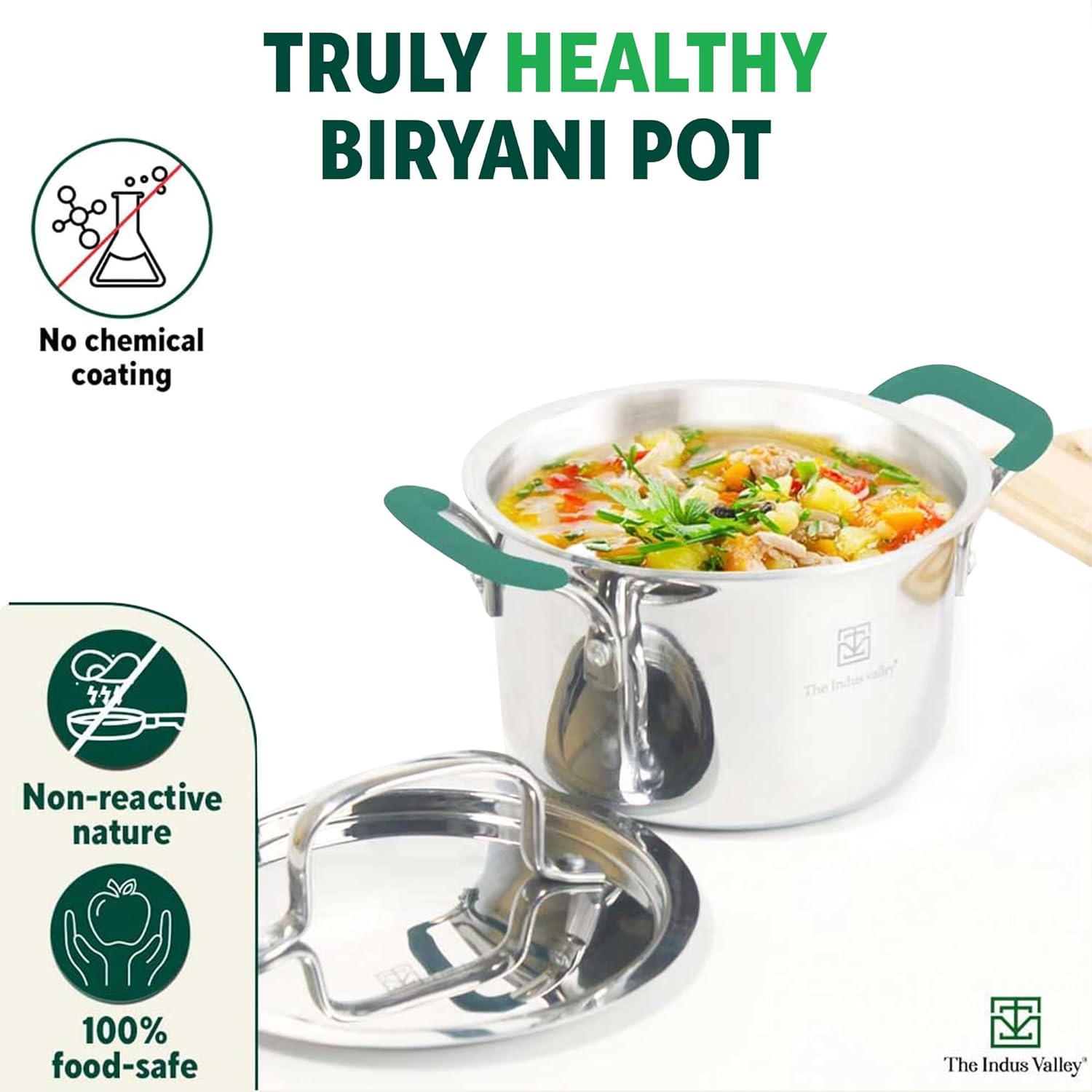 Triply Stainless Steel Stock Pot Or Biryani Pot Or Casserole With Free Wooden Spatula | Medium, 21.6cm, 8.5 Inch, 2.9 Liter, 1.4 Kg - Induction Friendly, Non-Stick 3-Layer Body, 100% Toxin-Free