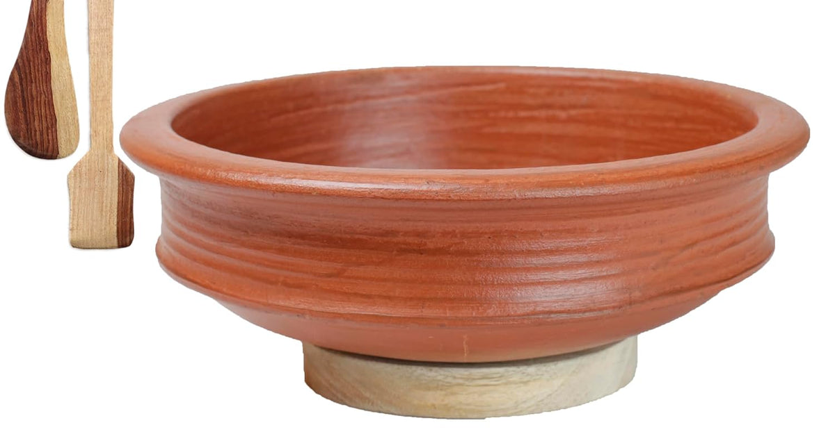 Deep Burned Uncoated Clay Pot Or Mitti Handi With 2 Spatulas Complimentary For Cooking & Serving - Red, 1 Liter | Pre-Seasoned Mud Pot - Unglazed, Double Fired, Hand Crafted