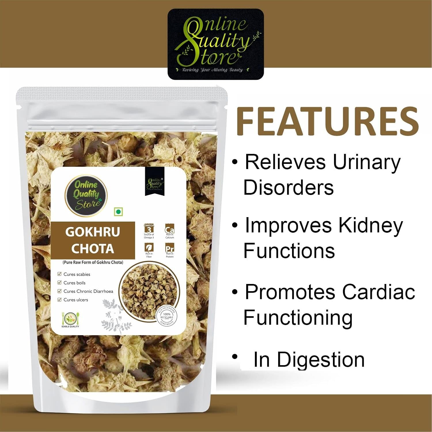 Online Quality Store Ghokru Chota, Tribulus Terrestris Seeds Raw, Small Caltrops, 100 % Pure, Natural, Helps Improve Digestion & Gives Relief From Intestinal Gas | 900gm 1.9lbs