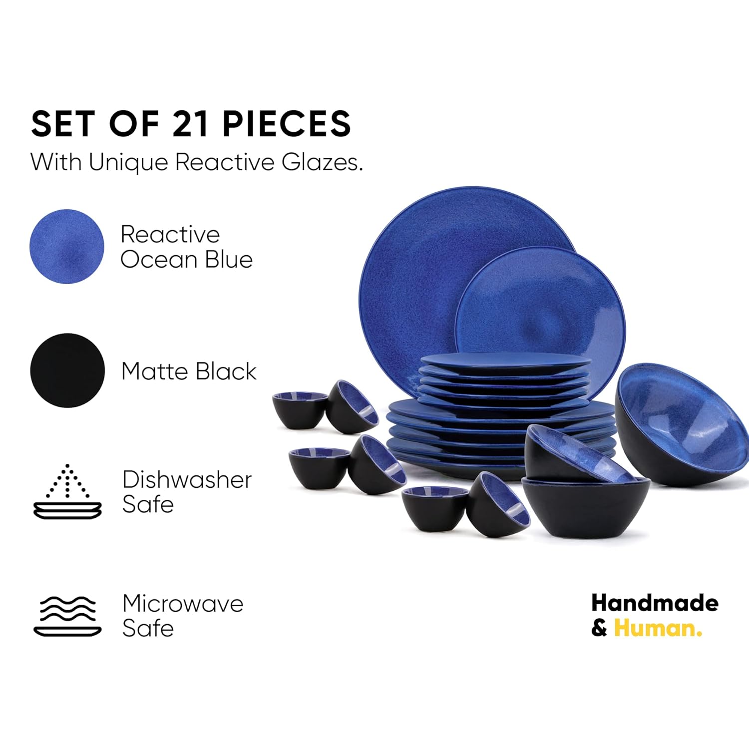 Ceramic Dinner Set Of 21 Pcs, Blue Reactive | Crockery Set - Dining Sets Crockery Items | 6 Dinner Plates+ 6 Quarter Plates+ 6 Veg Bowls, 220ml Each+ 2 Medium Bowls, 850ml Each+ 1 Large Bowl, 1400ml