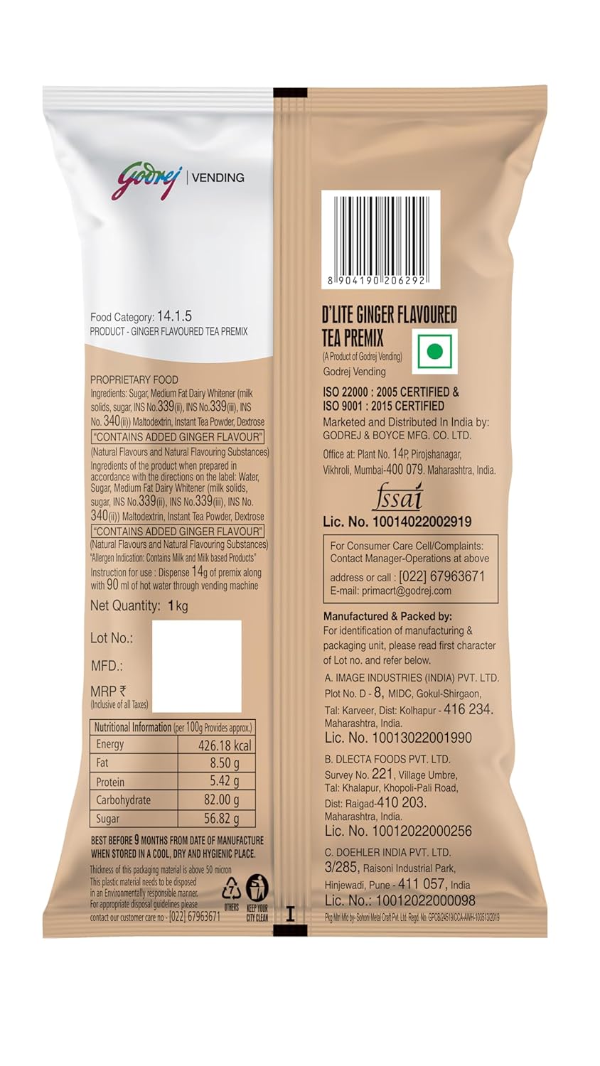 Godrej Vending Ginger Flavoured D'Lite Instant Tea Premix - 1 Kg, 35.2 Ounce | 3 In 1 Tea Piping Hot Tea - Easy To Use, Suitable For Vending Machine
