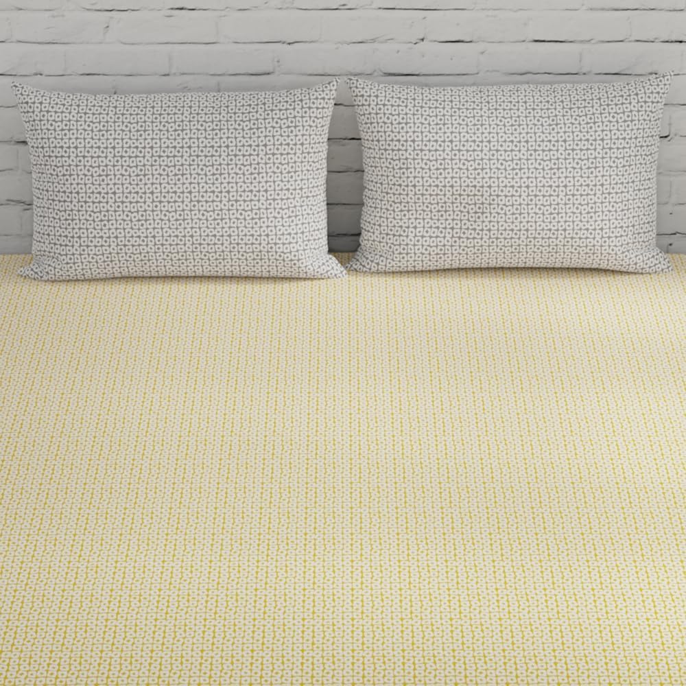Cotton Bedsheet For King Size With 2 Pillow Covers - 108 X 108 Inches, Yellow & Grey | Soft & Comfortable Feel To Your Skin