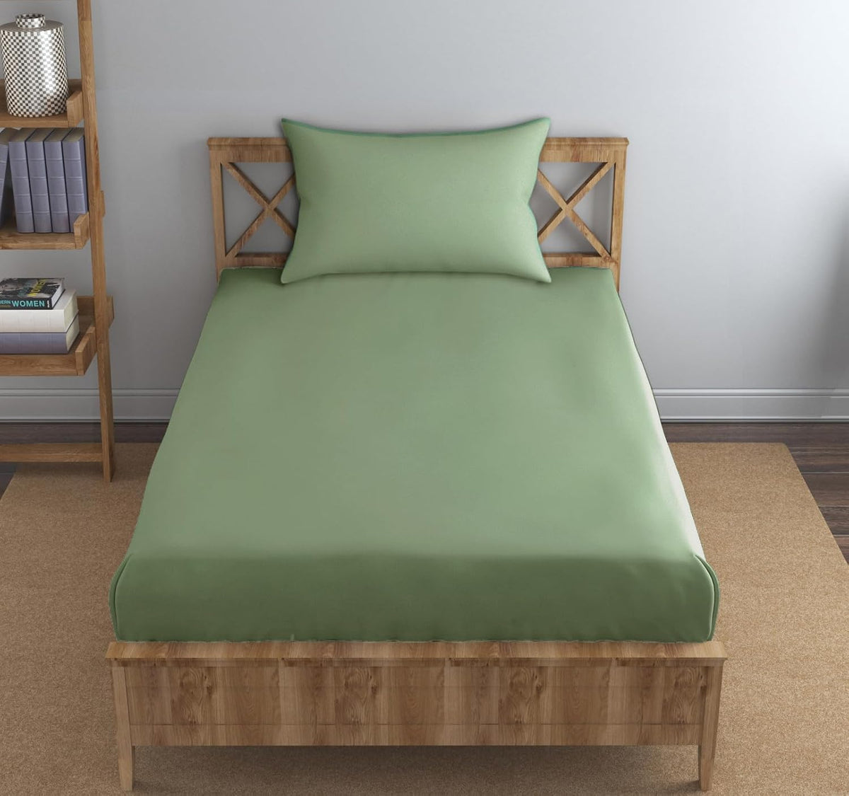 Single Flat Bedsheet With 1 Pillow Cover (54 X 90 Inches) Moss Green | Durable & Long Lasting Wrinkle Resistant Fabric - All Season Comfort | 300 Thread Count