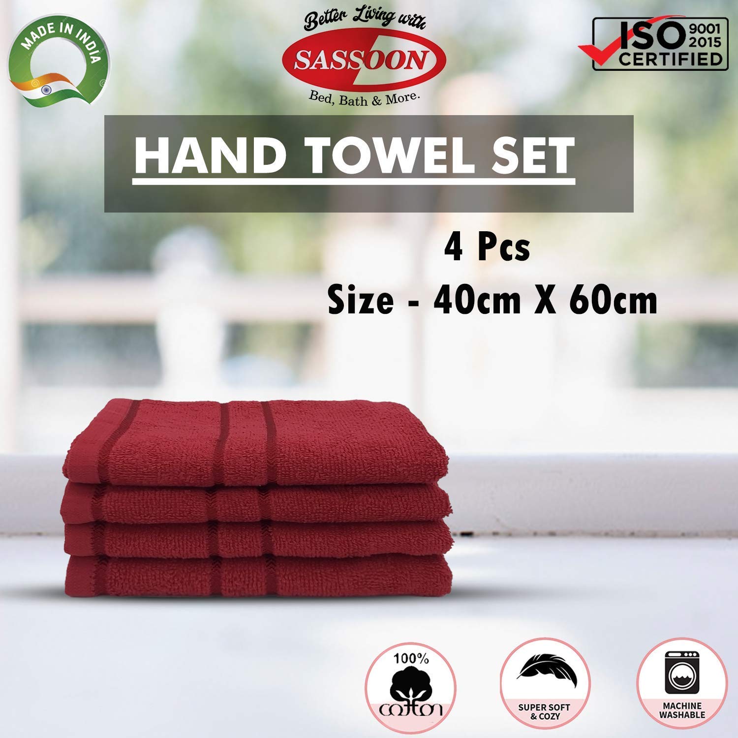 Sassoon Melrose 100% Cotton Hand Towel 800 Gsm | Highly Absorbent, Soft Material Perfect For Daily Use (Burgundy) -4 Piece