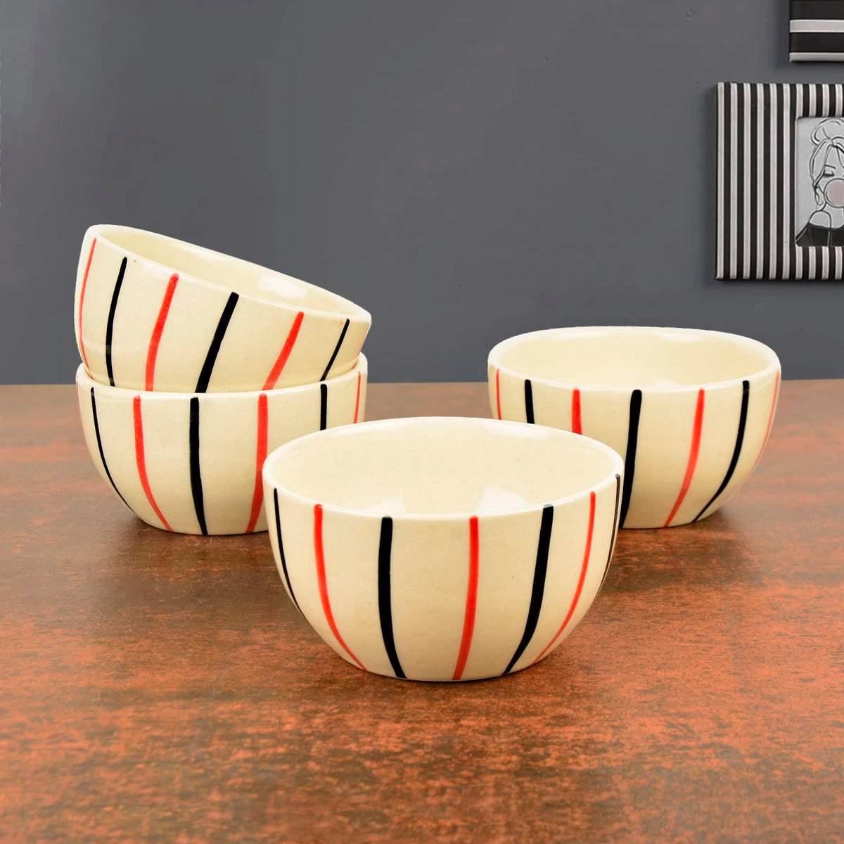 Studio Pottery Ceramic Striped Dinner Bowls Set Of 4 - 350ml Each, Off White & Multicolor | Ceramic Bowls For Curries Or Lentils - Ceramic Katoris