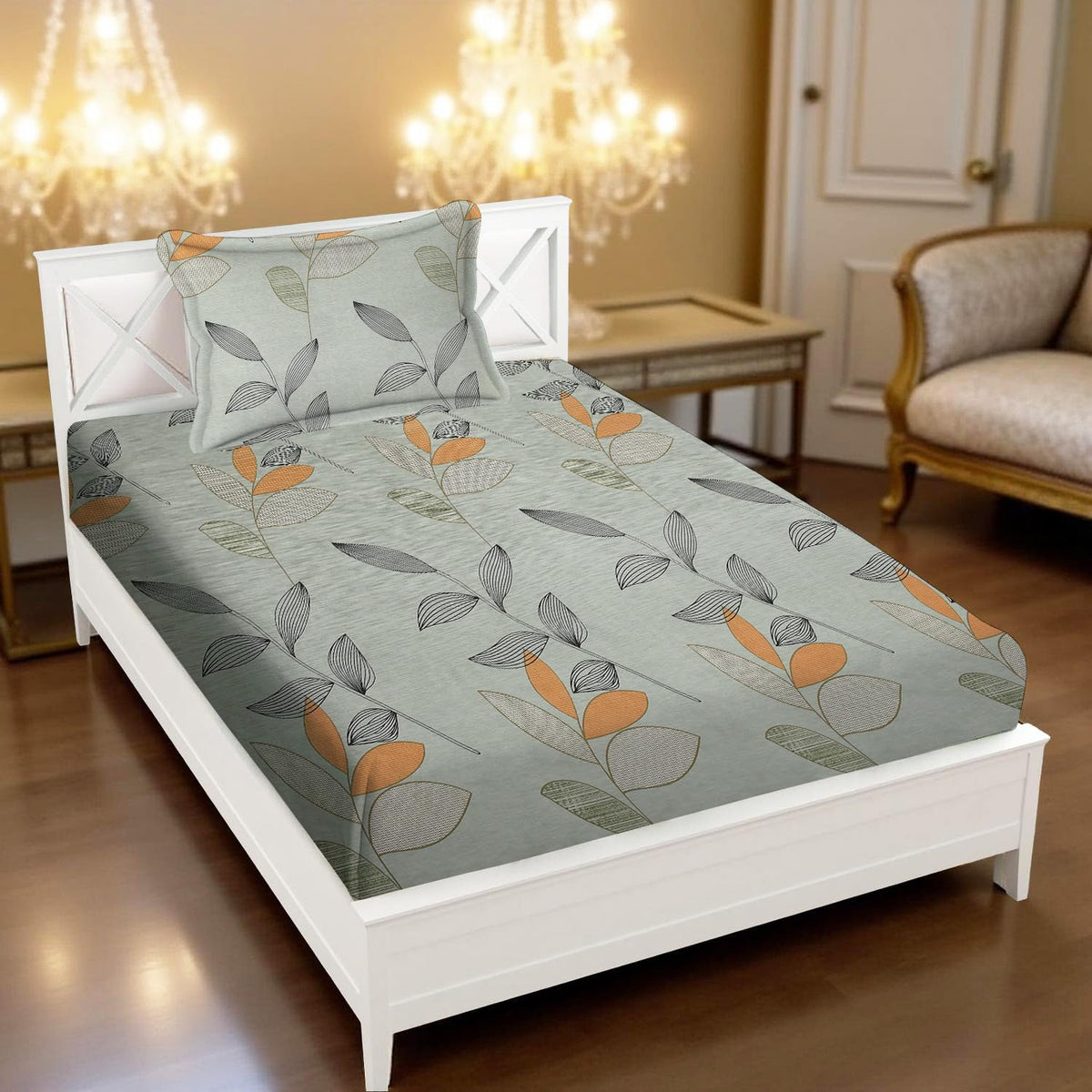 Printed Bedsheet For Single Bed With 1 Pillow Cover - 60 X 90 Inches, Grey & Green | Super Soft - Glace Cotton Breathable & Wrinkle Free - 2 Pcs Set