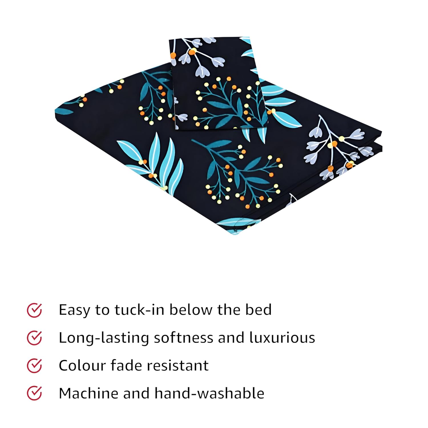 Single Bedsheet With 1 Pillow Covers - 60 X 90 Inches, Black & Blue | Soft Wrinkle Free Breathable Easy Care | Color Fade Resistant Bedsheet