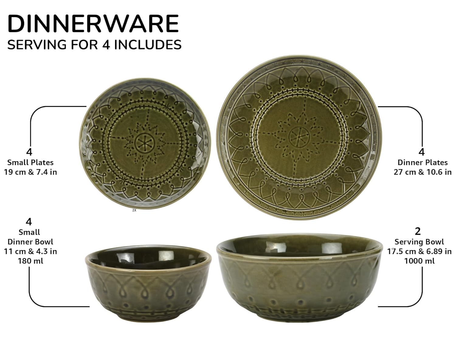 Handcrafted Stoneware Ceramic Dinner Set Of 14 Pcs With Serving Bowl Set - Moss Green | 4 Dinner Plates+ 4 Small Plates+ 4 Small Bowls, 180ml Each+ 2 Serving Bowls, 1000ml Each