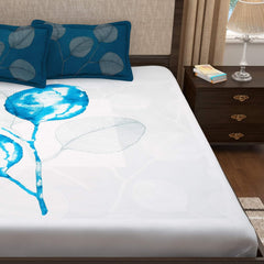 King Size Bedsheet With 2 Pillow Covers - 106 X 106 Inches, White & Blue | Summer Breathable & Wrinkle Free | Bedsheet Long Lasting & Soft To Touch