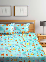 Cartoon Printed Double Bedsheet For Kids With 2 Pillow Cover - 72 X 78 X 10 Inches, Multicolor | Cotton Feel All Around Elastic Fitted King Size Double Bed