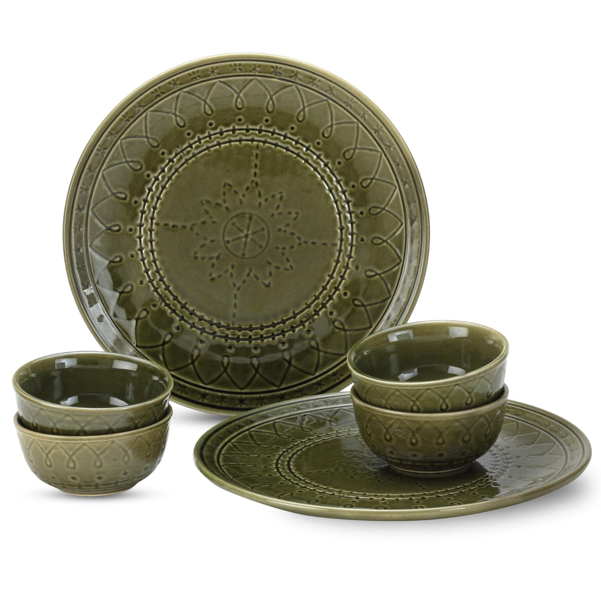 Handcrafted Stoneware Embossed Ceramic Dinner Set Of 6 Pcs - Moss Green | 2 Dinner Plates + 4 Salad Bowls, 180ml Each - Microwave & Dishwasher Safe