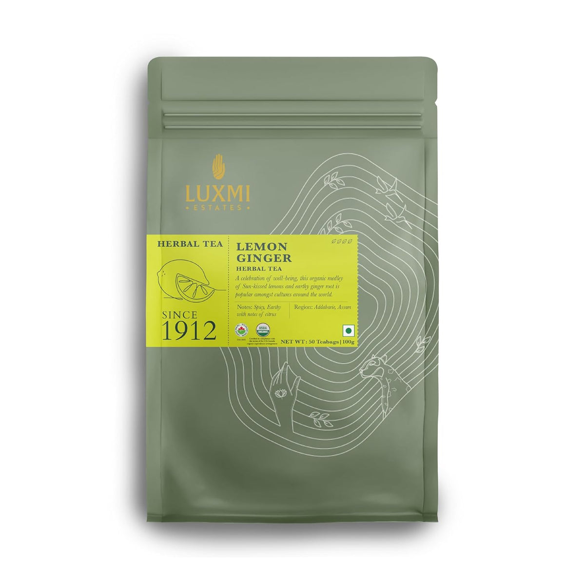 Luxmi Estates Lemon Ginger Herbal Tea - 100gm, 3.5 Ounce, 50 Tea Bags | USDA Organic Certified Herbal Tea - Made With Lemon Peel, Ginger, Lemongrass, Licorice | Caffeine Free Herbal Tea