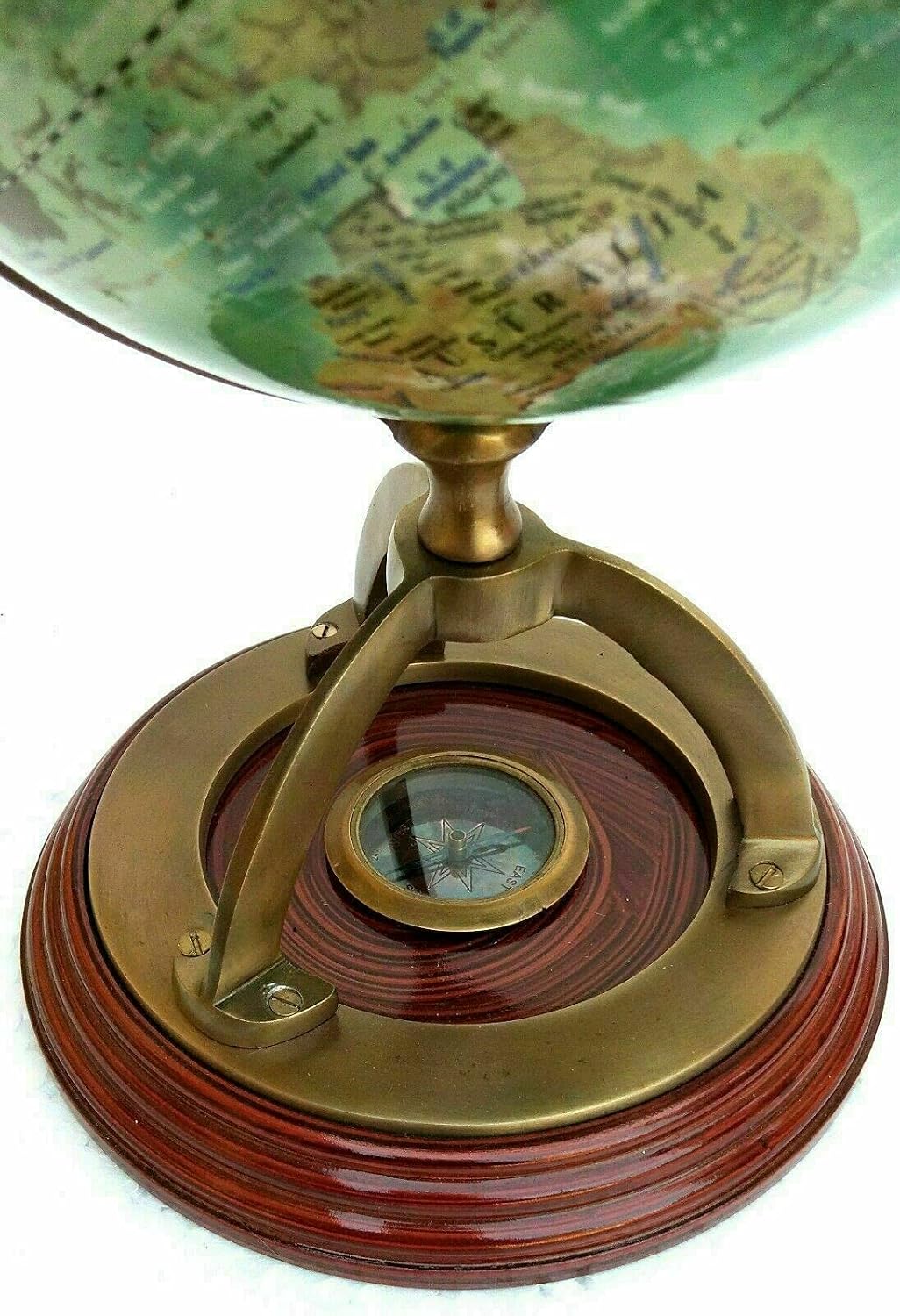 Antique Nautical Brass World Globe 14'' Tall Collectible Table Top With Compass For Kids & Students Learning & Gifting, Green, Pack Of 1